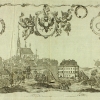 Veduta Bílovce (dat. vzniku předlohy 1775 - 1800)  - detail tovaryšského listu z r. 1828. Uloženo v: ZAO Opava, SOkA Nový Jičín, fond Cech postřihačský Příbor, inv. č. 5.